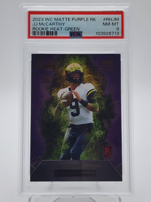 JJ MCCARTHY 2023 WILD CARD MATTE ROOKIE HEAT PURPLE GREEN 1/1 PSA 8 Q4320
