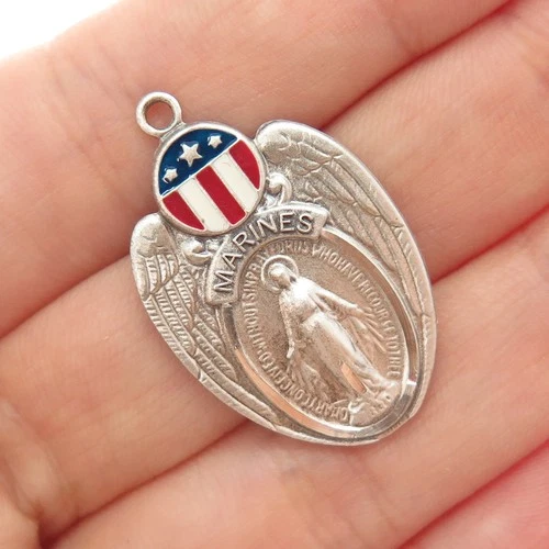 925 Sterling Silver Antique WWII Enamel US Marines St. Mary Medal Charm Pendant