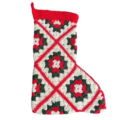 Vintage Crochet Granny Square Christmas Stocking Red Green White Large Retro EUC