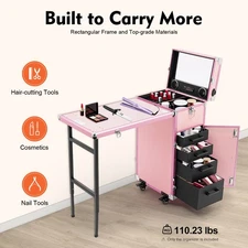 Nail Desk Mobile Station Rolling Makeup Train Case Manicure Table With Speaker
