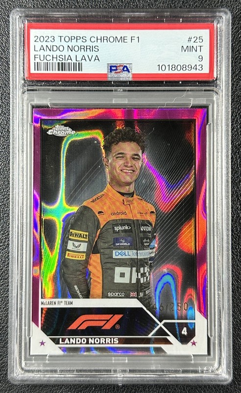 LANDO NORRIS PSA 9 2023 TOPPS CHROME FORMULA 1 #25 FUCHSIA LAVA REFRACTOR 46/250