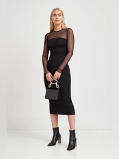Marcella NYC Maite European Ponte & Mesh Midi Dress Size Medium Black