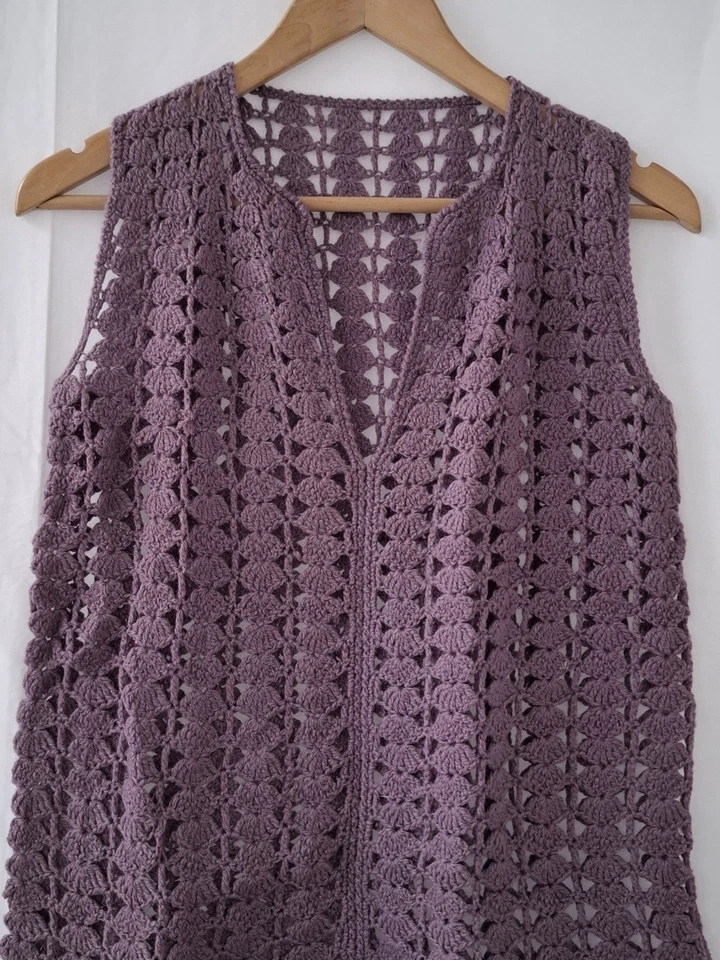Chaleco largo vintage de ganchillo hippy sin mangas chaleco púrpura M/L hecho a mano Foto 3 de 4