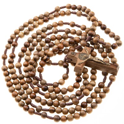 20 Decade Wood Rosary Catholic 7mm Brown Beads Corded St Benedict Crucifix 43''