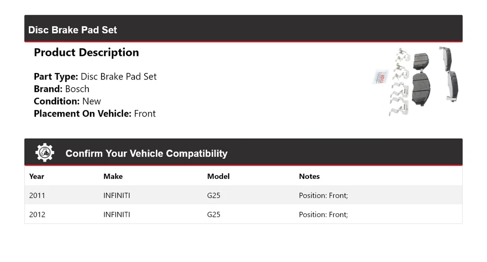 For 2011-2012 INFINITI G25 Bosch Blue Ceramic Brake Pads with Hardware Front Foto 2 de 4