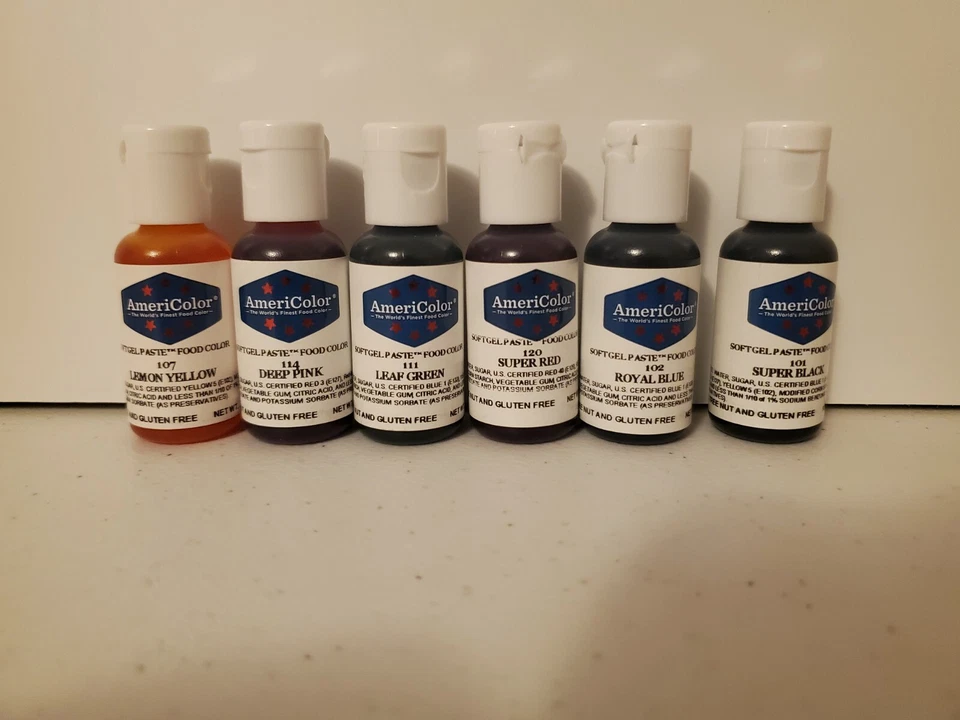 Kit de 6 pasta de gel suave AmeriColor color de alimentos glaseado de pasteles negro azul amarillo rojo Foto 3 de 4