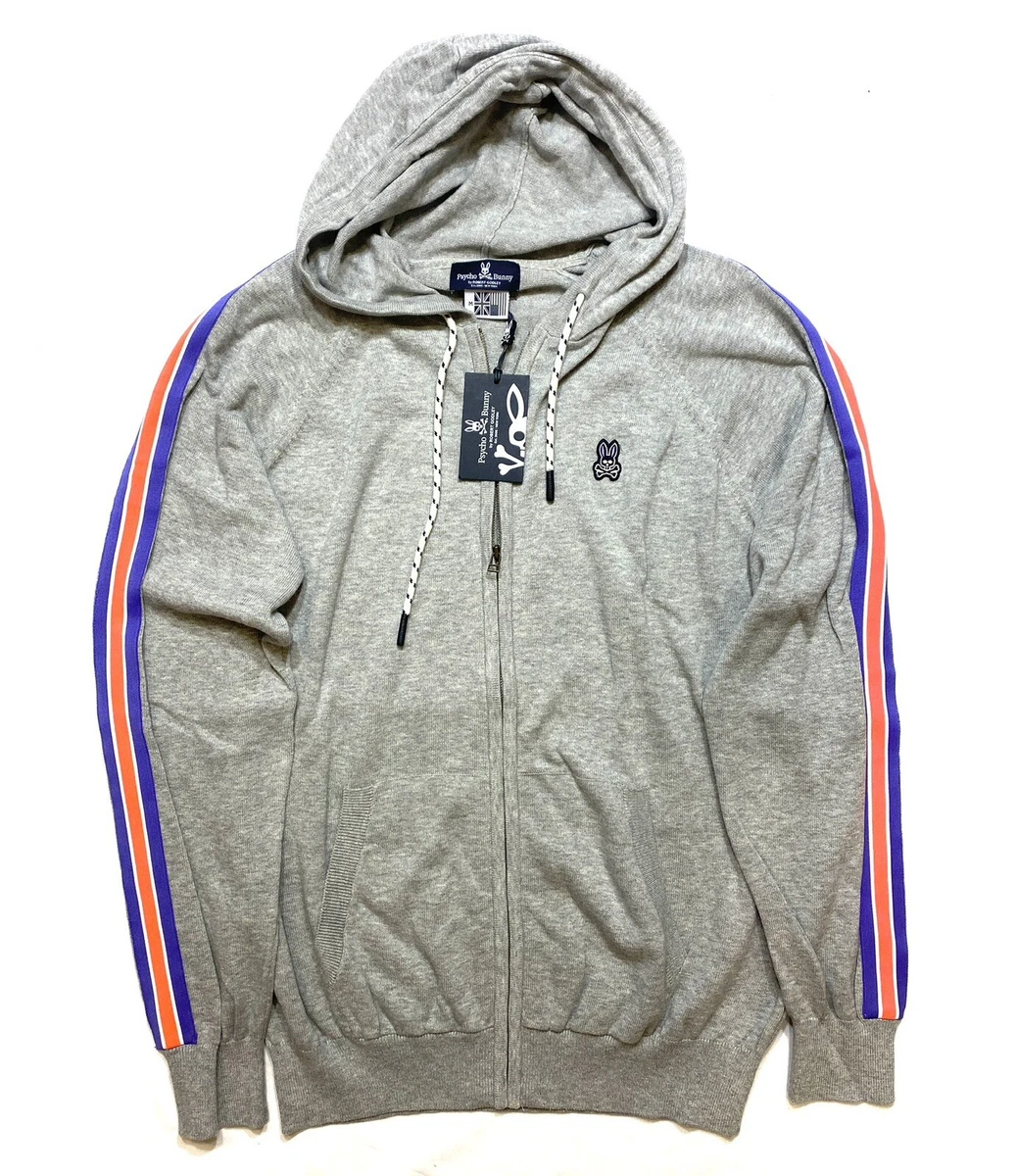 PSYCHO BUNNY Mens Stripe Logo Zip Hoodie Sweatshirt Jacket Grey M