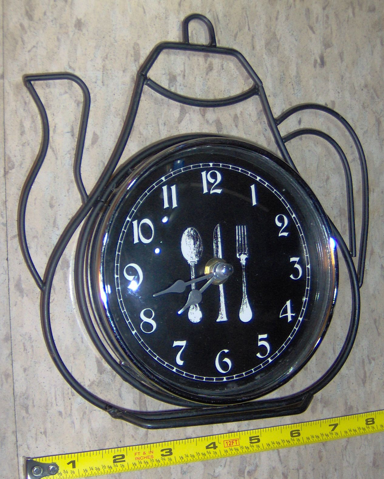 Vintage Table or Wall Clock Black Wrought Iron Food Tea Coffee Kettle Pot