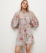 All Saints Grey Japanese Lily Floral Thallo Kuroyuri Ruffle Dress - Size 8