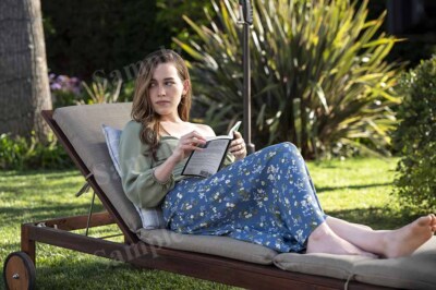love quinn green dress Photo Poster Victoria Pedretti hot reading on garden chair You CL3786 all dressed up