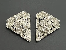 1930s Vintage Dress Scarf Hat Clip Art Deco Geometric Clear Rhinestones Patent