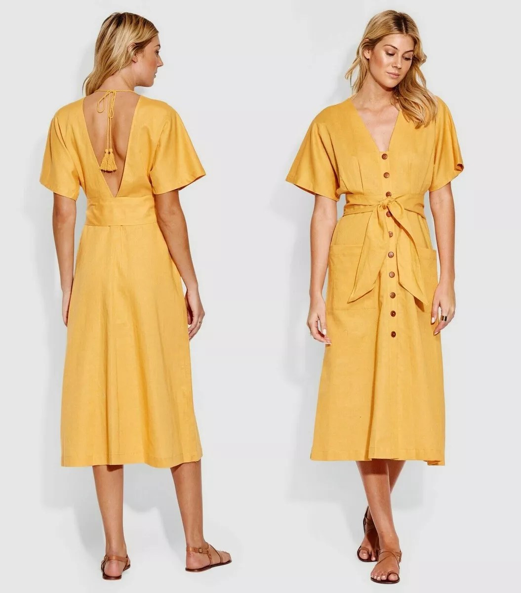 NWT SEAFOLLY OCEAN ALLEY LINEN BLEND YOLK YELLOW MIDI SHIRT DRESS BELT Sz  Large | eBay