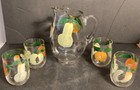 Hand Painted Fruit on Glass Pitcher and Four Juice Glasses Apricot, Pear, Apple — photo 3