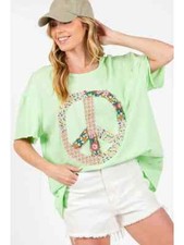 SAGE FIG PEACE SIGN FLORAL APPLIQUE TOP SAGE SIZE SMALL ST7304B-CUTE