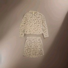 Liz Claiborne Vintage Outfit Top  Skirt Womens Size Medium Petite Gray Floral