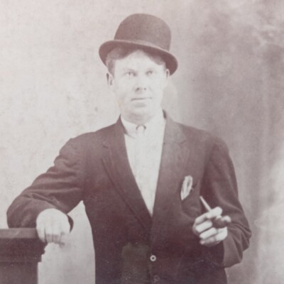 Antique Cabinet Card Photo Handsome Man Bowler Hat Tobacco Pipe Bridgeport Ohio