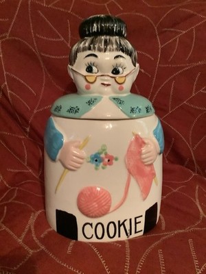 Vintage Tilso Granny Ceramic Cookie Jar ~ Knitting Granny
