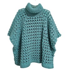Handmade Crochet Knit Teal Blue Granny Shirt Cover Poncho Boho Hippie One Size