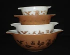 PYREX - 4 Gold, Brown, White EARLY AMERICAN Cinderella Mixing, Nesting Bowl Set