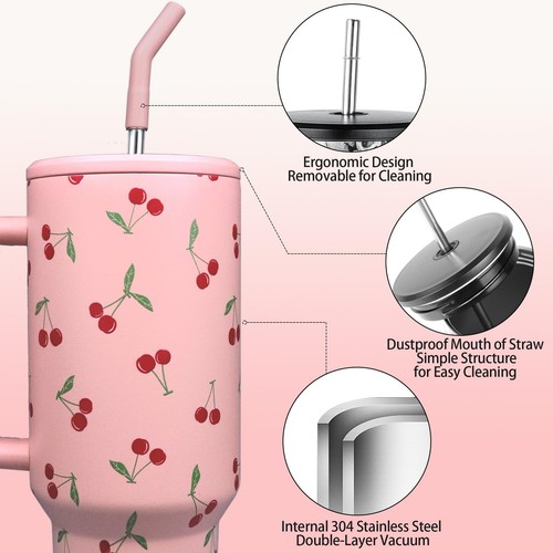 Bicchiere Ciliegio con Cannuccia e Coperchio Isolato Sottovuoto 40oz Acciaio Inox Rosa... - Foto 5 di 7