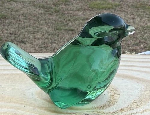 Fenton Art Glass Happiness Song Bird Emerald Green Paperweight 4" Stamped