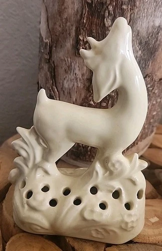 Vintage Red Wing Art Pottery Ceramic Deer Flower Frog 1940s