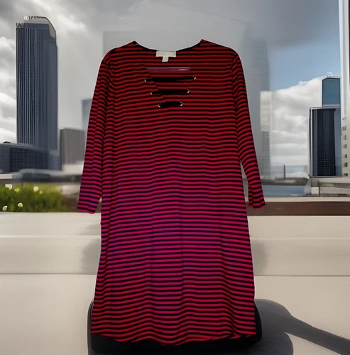 Abito tunica Michael Kors MK HOLIDAY A RIGHE ROSSO NAVY logo oro cotone XL nuovo $90