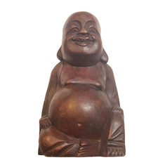 Wooden Laughing Buddha Statue Carved Dark Wood 