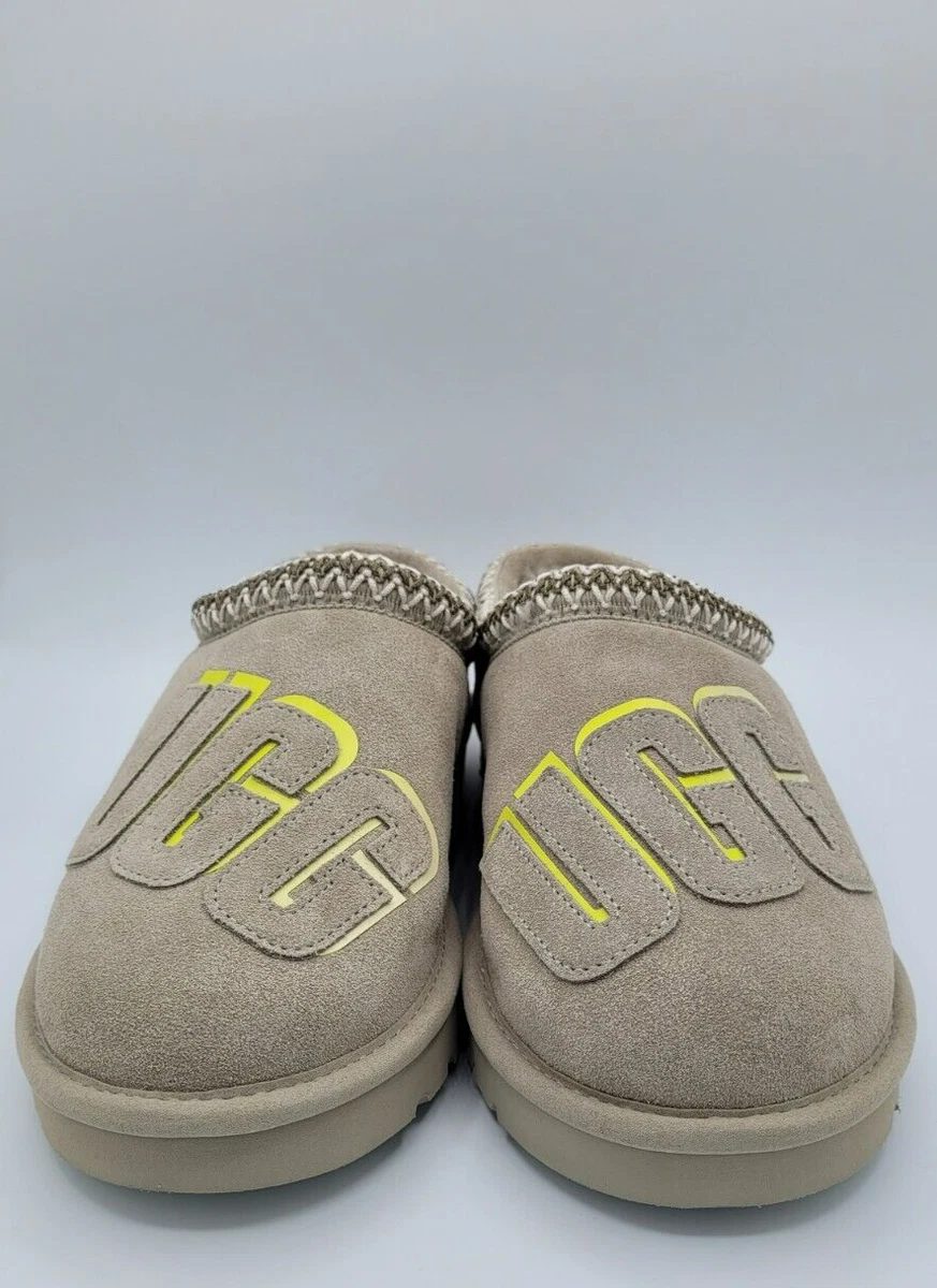 UGG Tasman Graphic Slippers Shoes Gray Lime Green Logo Outline Slip On Size 9