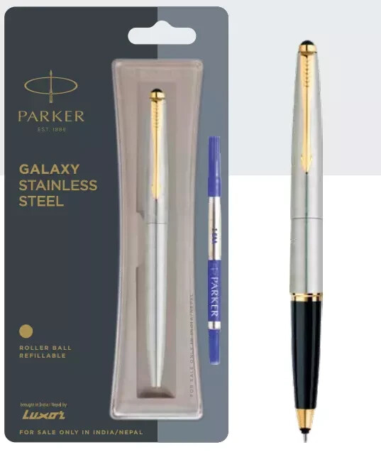 Parker Galaxy Stainless Steel Gold Trim Roller Ball Pen