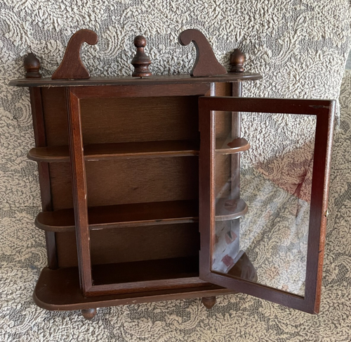 Vintage Curio Cabinet Wood Shelves Glass Door Footed Tabletop/Wall Hanging 17" - Picture 9 of 11