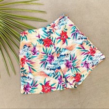 VTG 90s Multicolor Yellow Hawaiian Print Tropical High-Rise Loose Fit Shorts S