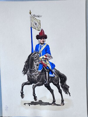 Lucien Rousselot: Original Watercolor. Maison Du Roi Grenadier A Cheval, 1724.