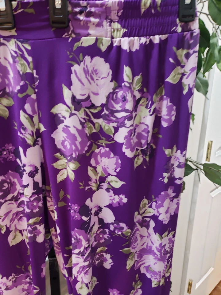 IMAN Womens Purple Floral Polyester Elastic Waist Wide Leg Palazzo Pants Size 2X - Image 3 of 4