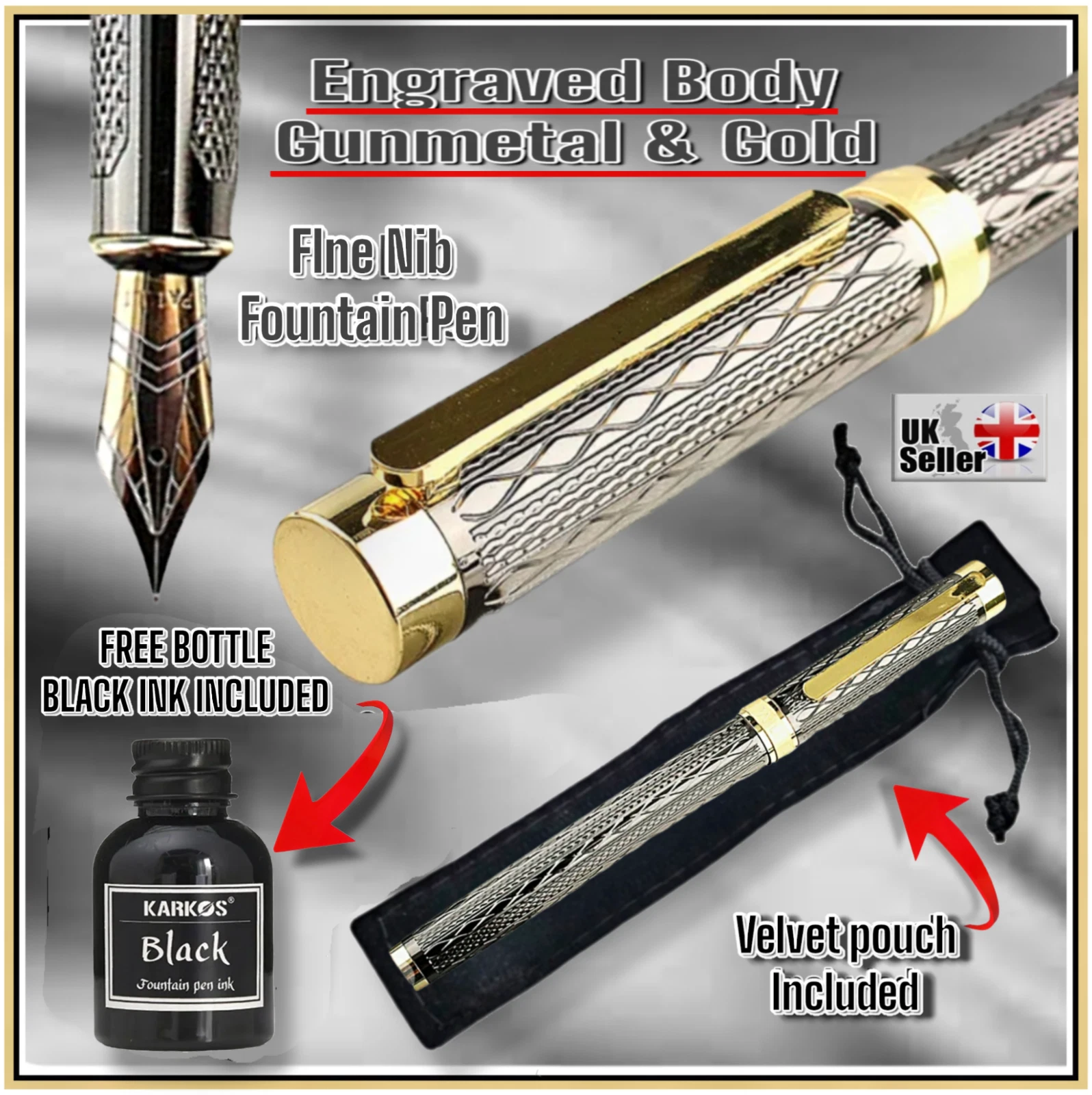 Stylo plume en métal pistolet lisse fine plume 20 cartouches d'encre noire gratuites + SACHET CADEAU
