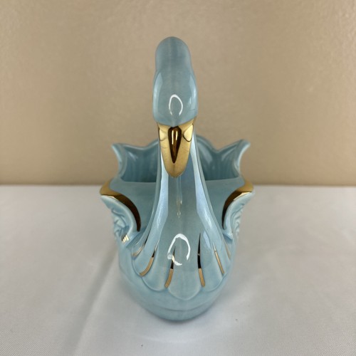 Vtg Royal Copley Swan Planter Dish Lusterware Iridescent Blue Gold Trim - Picture 4 of 10