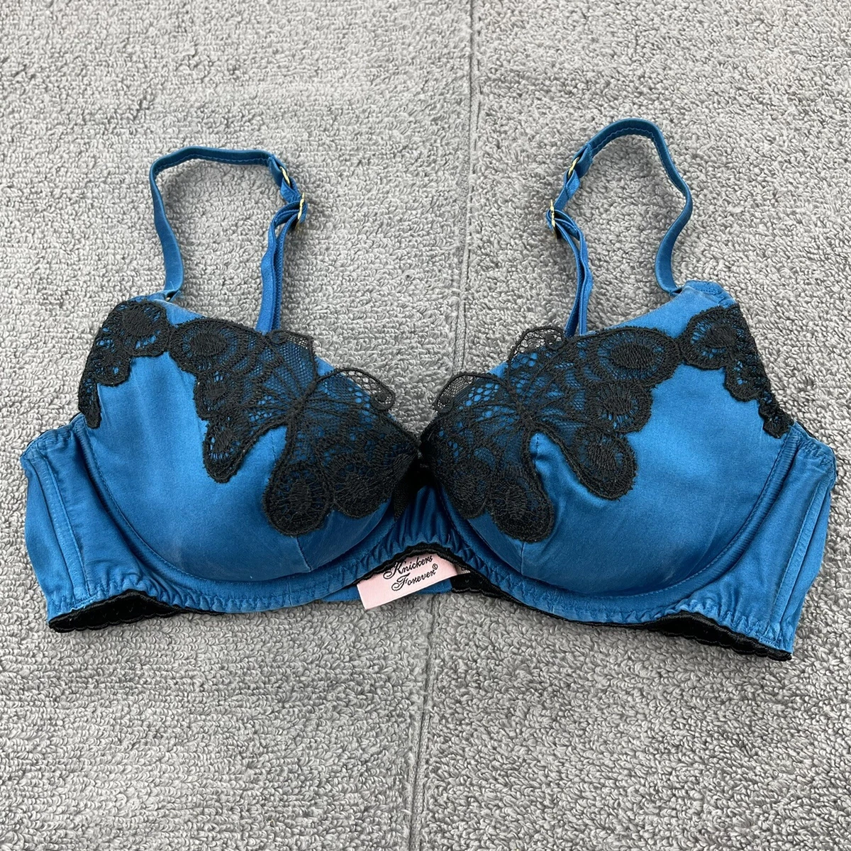 Agent Provocateur Silk Bra 34C Royal Blue Color Black Lace Trim Gorgeous Gold