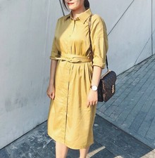 NWT Uniqlo U Women Cotton Satin Long Sleeve Shirt Dress Belted Bow Yellow Beige