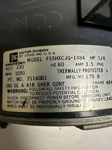 Emerson,F55HXCJG-1484,1/4HP 1050RPM 230V 48Y Frame Blower Motor (G010) - Picture 2 of 5