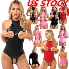 US Women's Wet Look Bodysuit Lingerie Hollow Out Open Crotch One-Piece Babydoll