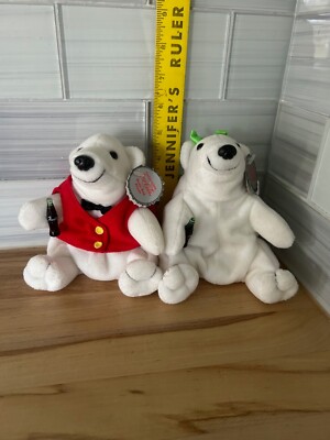 2 Coca Cola Plush White Polar Bear Green Bow Bean Bag 0144 Hang Tag 1997 Coke