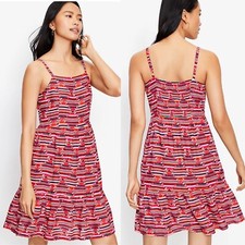 Loft • Women’s Size 4 Red Print Lined Tiered Dress Spaghetti Strap Smocked Back