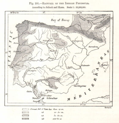 Rainfall of the Iberian Peninsula. Spain Portugal. Sketch map 1885 old