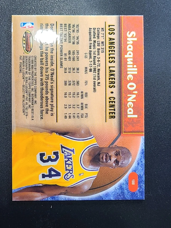 1998 Bowman's Best #100 Shaquille O'Neal Used - Image 2 of 2