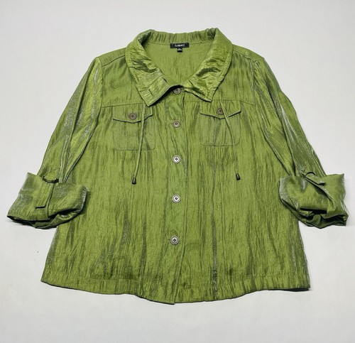 Elementz Metallic Green Roll Sleeve Jacket Size XL Artsy Boho Lagenlook Spring