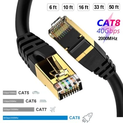 6-50ft CAT 8 Ethernet RJ45 Cable High Speed 40Gbps LAN Patch Network Gold Plated