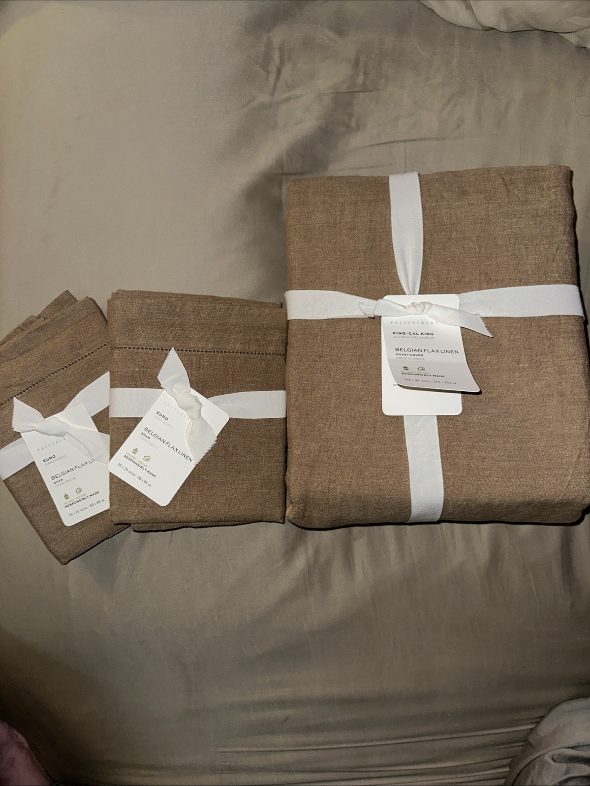 Pottery Barn Belgian Flax Linen Duvet in Bronze with 2 Euro Shams King California New With Tags  