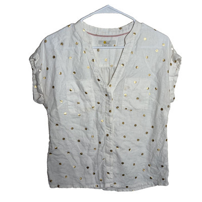 Boden Blouse Women's Petite 4 Button Up Gold Metallic Polka Dot Linen Shirt Top