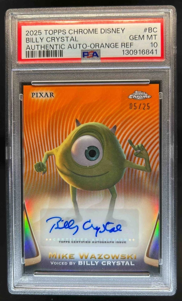2025 Topps Cromo Disney Billy Cristal Automático Mike Wazowski Naranja #5/25 PSA 10