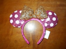 Disney Parks Minnie Mouse Hot Pink White Polka Dot Gold Bow Sequin Ears Headband